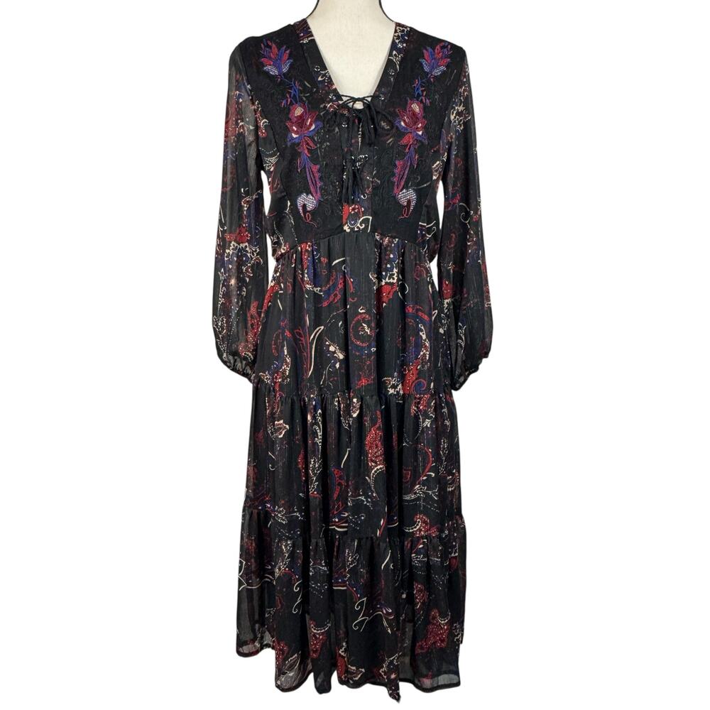 Reba Medium Midi Dress Paisley Long Balloon Sleeve Embroidered Lined Tasseled